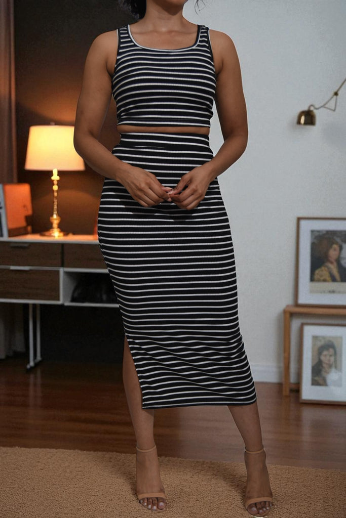 Ladies Black Stripe Two Piece Set - StylePhase SA