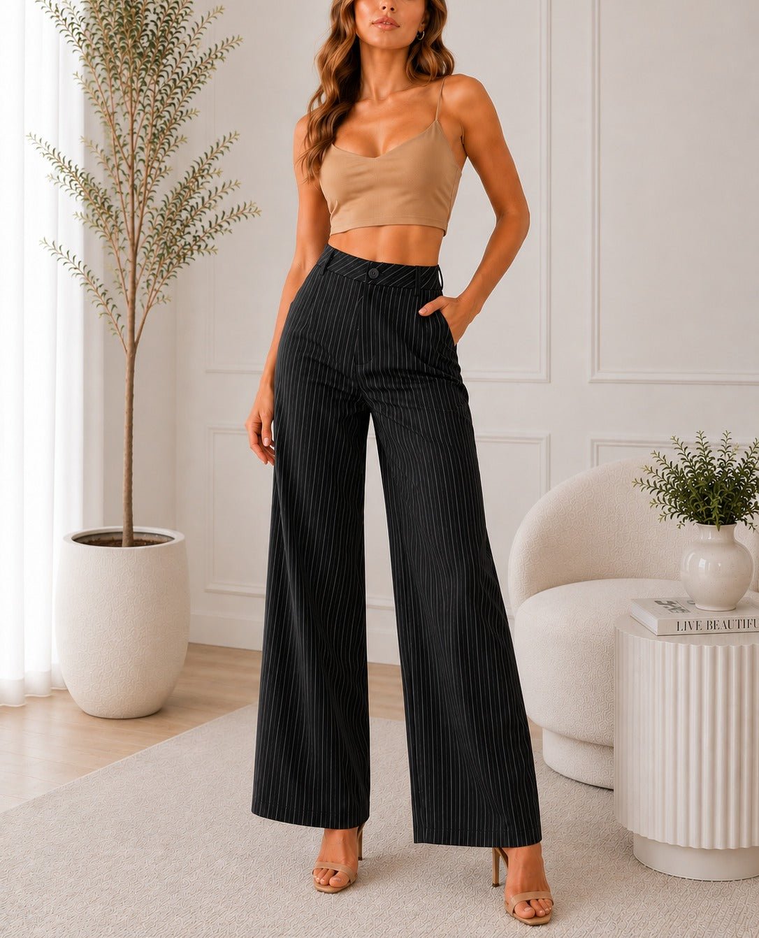 Ladies Black Stripe Wide Leg Pocket Pants - StylePhase SA
