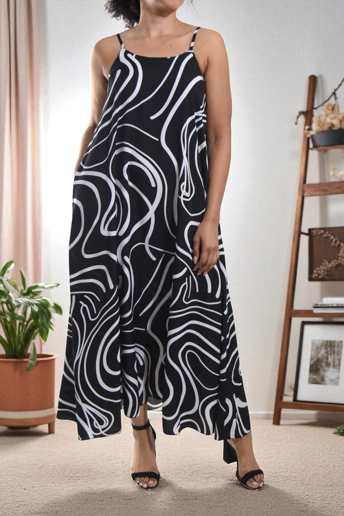 Ladies Black Swirl Print Pocket Dress - StylePhase SA