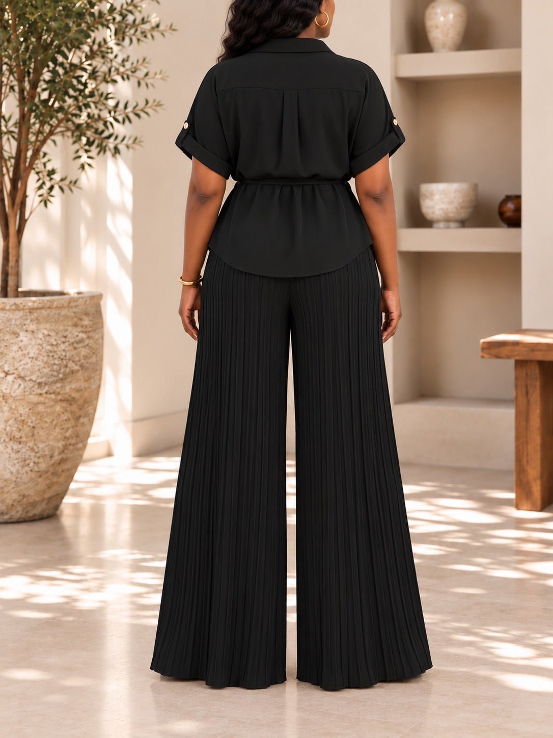 Ladies Black Tassel Tie Pleated Two-Piece Set - StylePhase SA