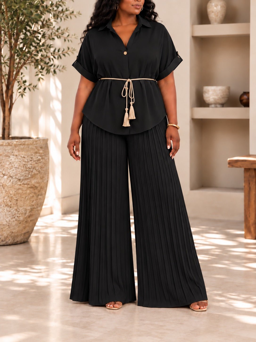Ladies Black Tassel Tie Pleated Two-Piece Set - StylePhase SA