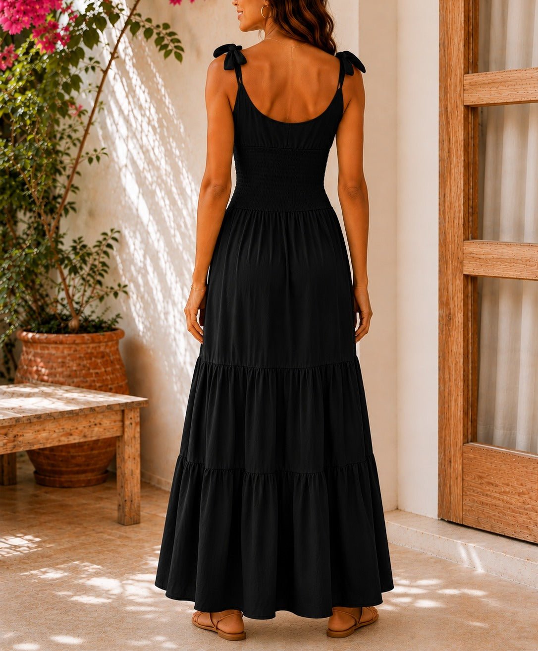 Ladies Black Tie Shoulder Tiered Maxi Dress - StylePhase SA