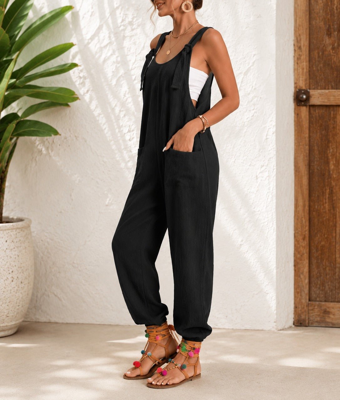 Ladies Black Tie Straps Jumpsuit - StylePhase SA