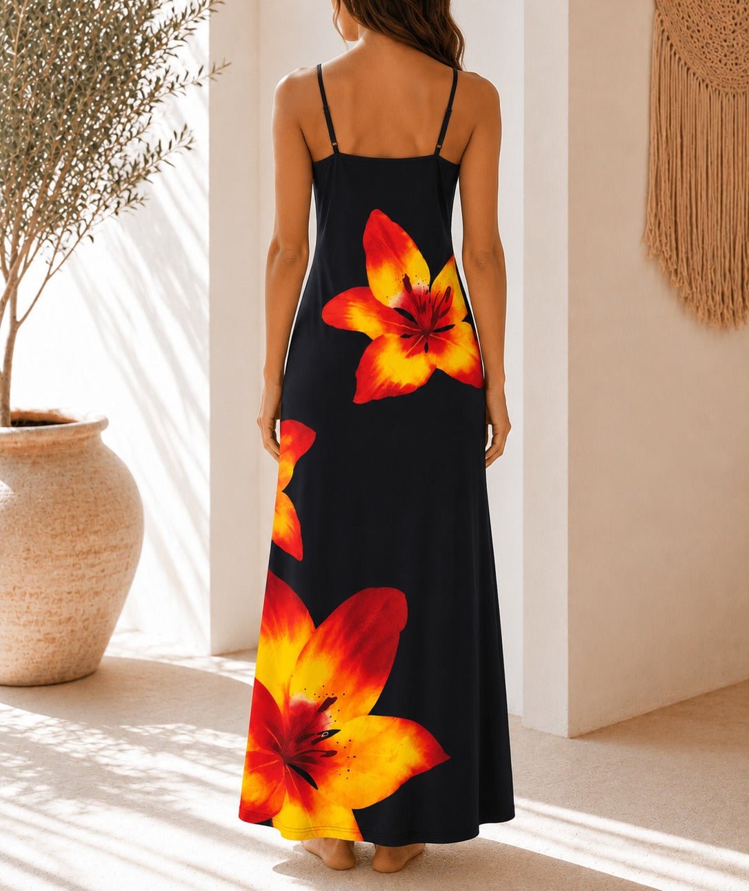 Ladies Black Tropical Lily Print Maxi Dress - StylePhase SA