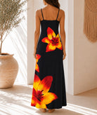 Ladies Black Tropical Lily Print Maxi Dress - StylePhase SA