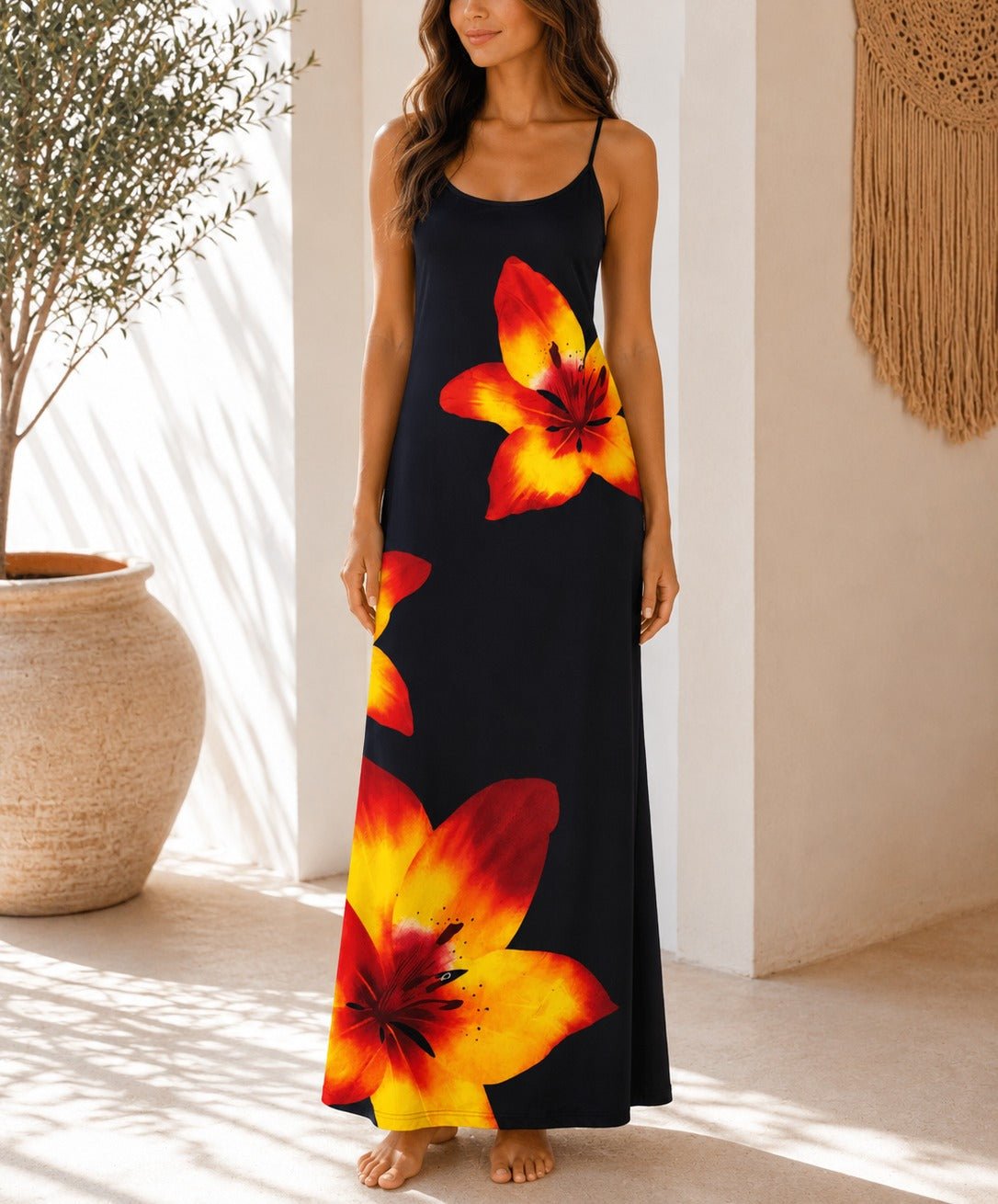 Ladies Black Tropical Lily Print Maxi Dress - StylePhase SA