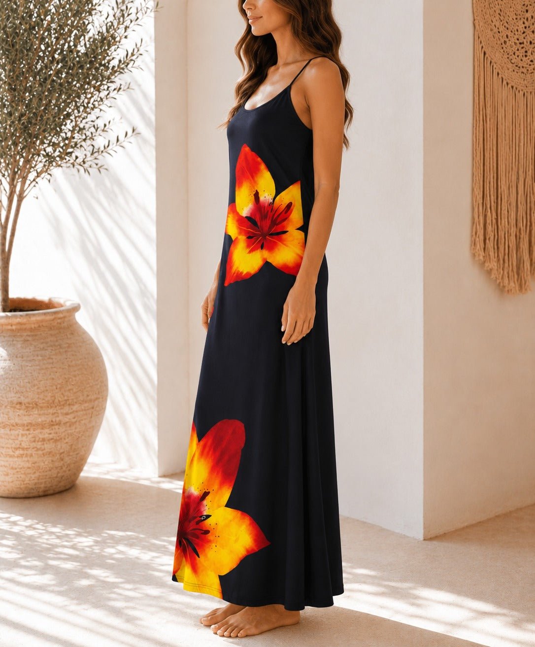 Ladies Black Tropical Lily Print Maxi Dress - StylePhase SA