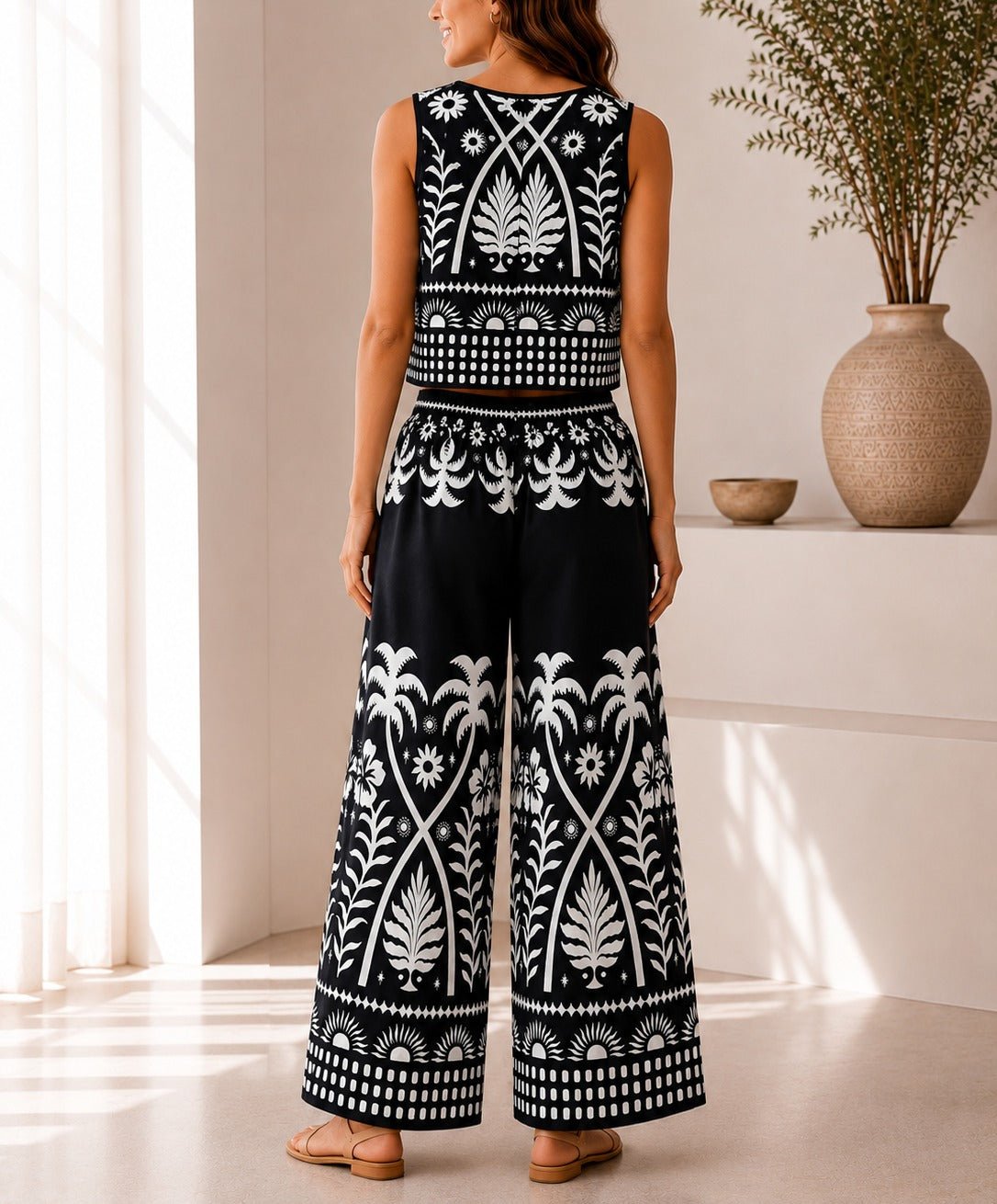 Ladies Black Tropical Print Wide Leg Two Piece - StylePhase SA