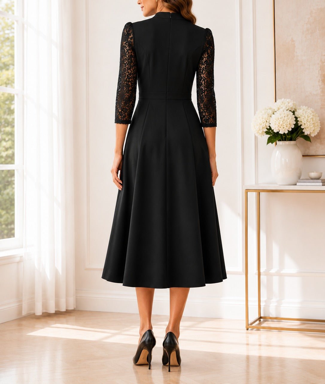 Ladies Black V-Notch Collar Lace Sleeve Dress - StylePhase SA