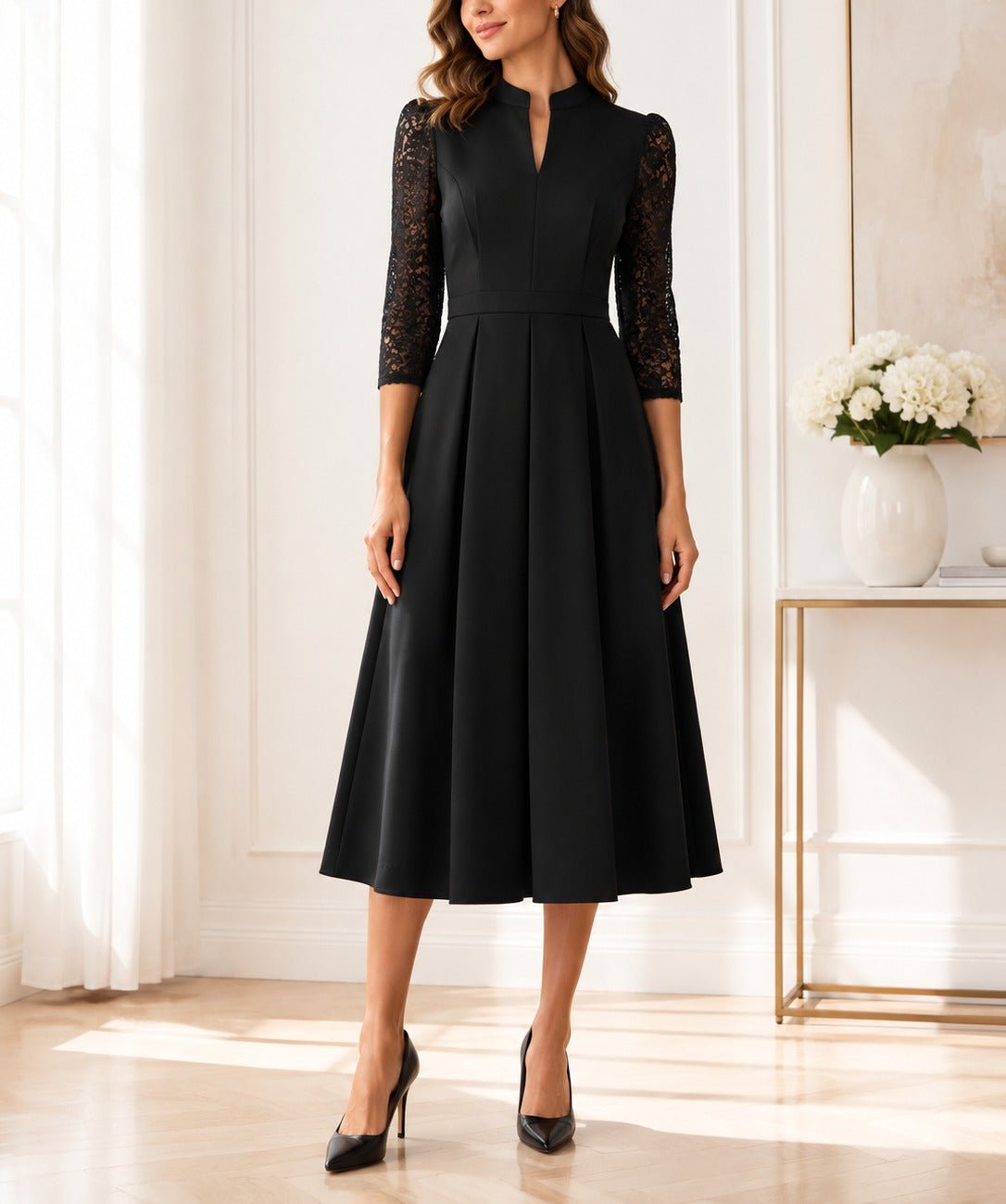 Ladies Black V-Notch Collar Lace Sleeve Dress - StylePhase SA