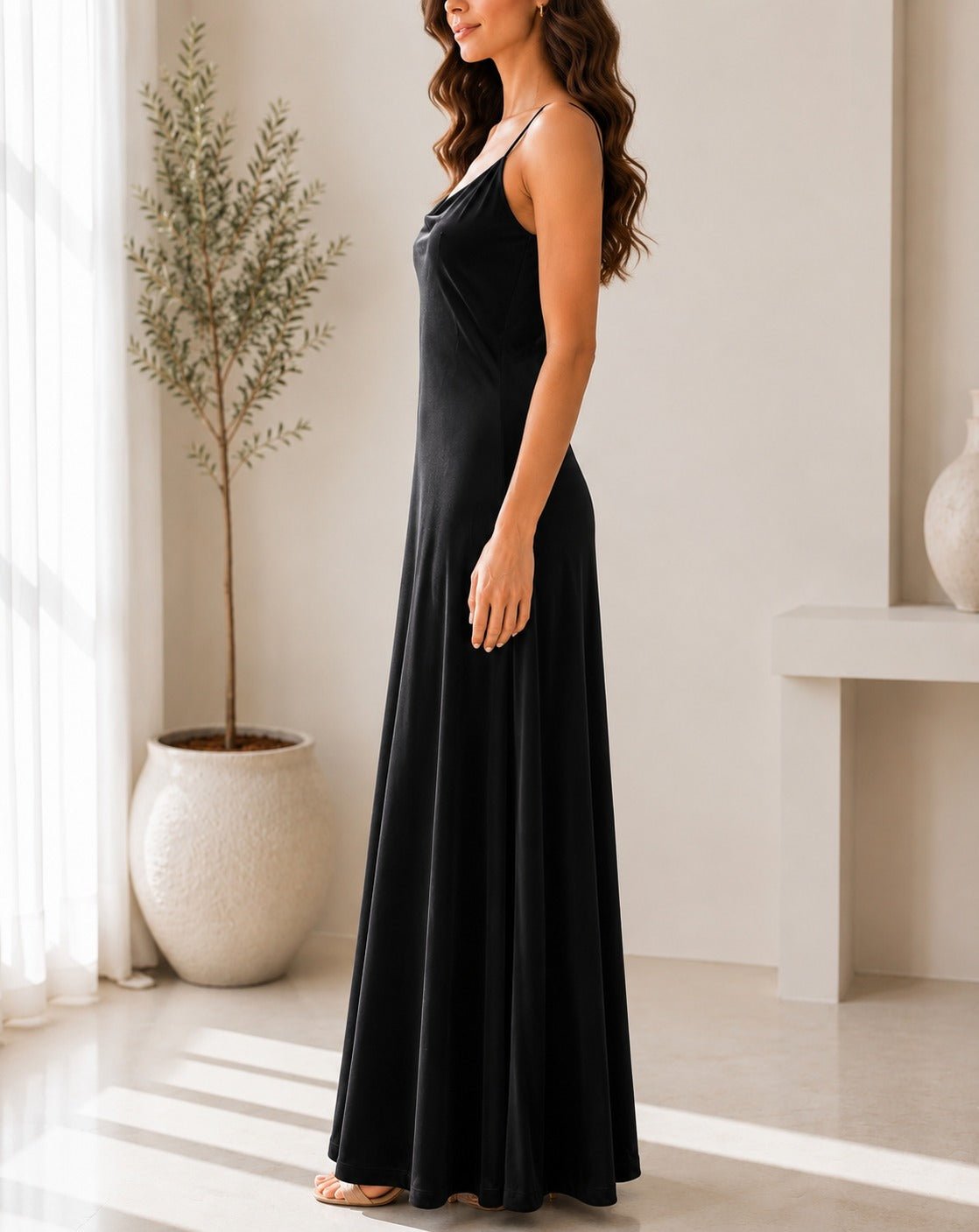 Ladies Black Velour Strappy Maxi Dress - StylePhase SA