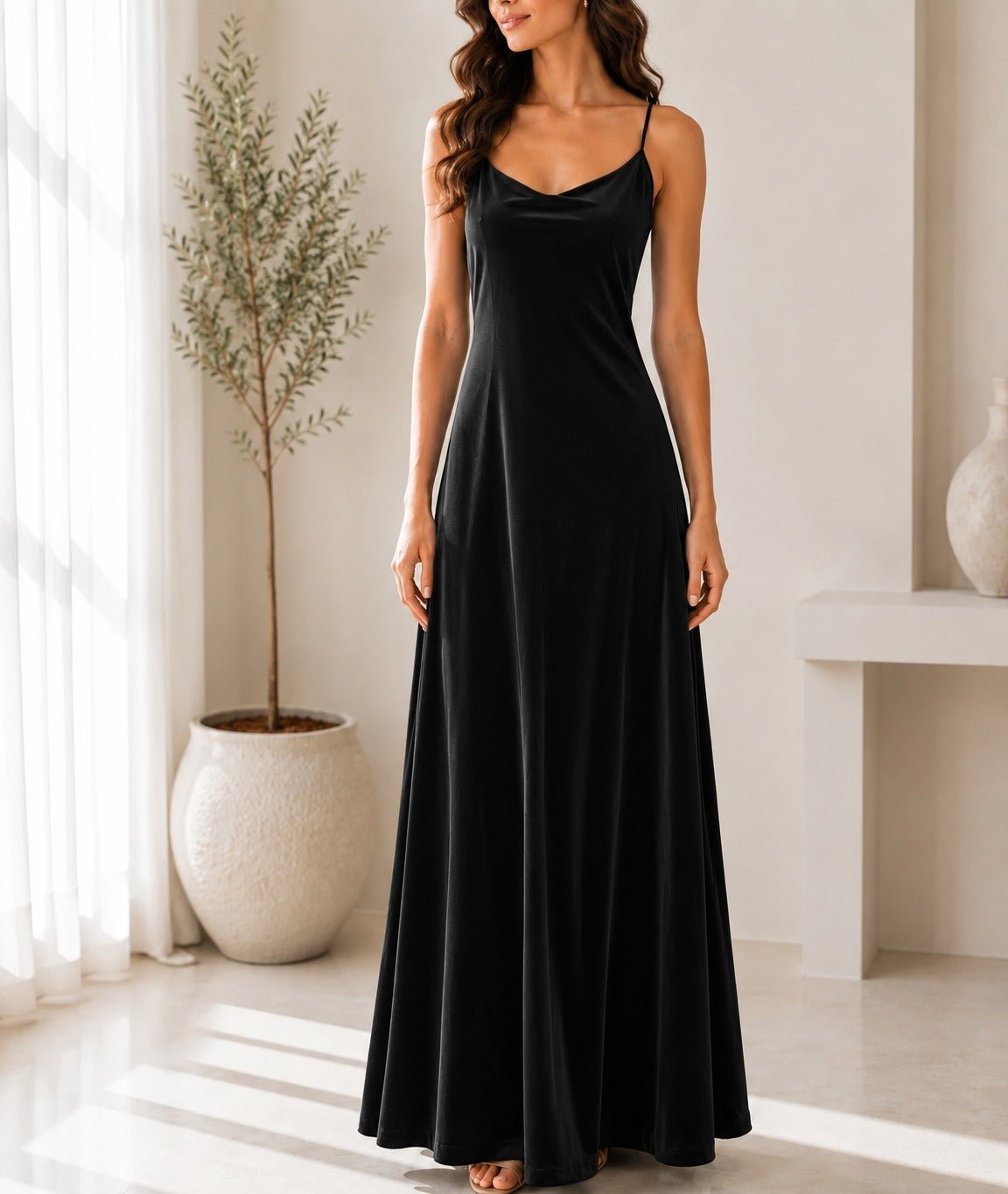 Ladies Black Velour Strappy Maxi Dress - StylePhase SA