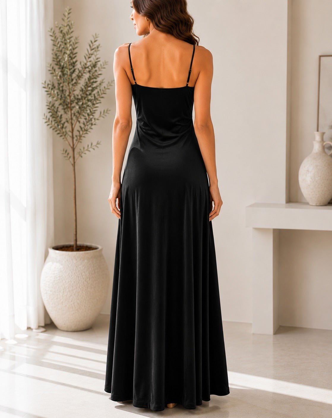 Ladies Black Velour Strappy Maxi Dress - StylePhase SA