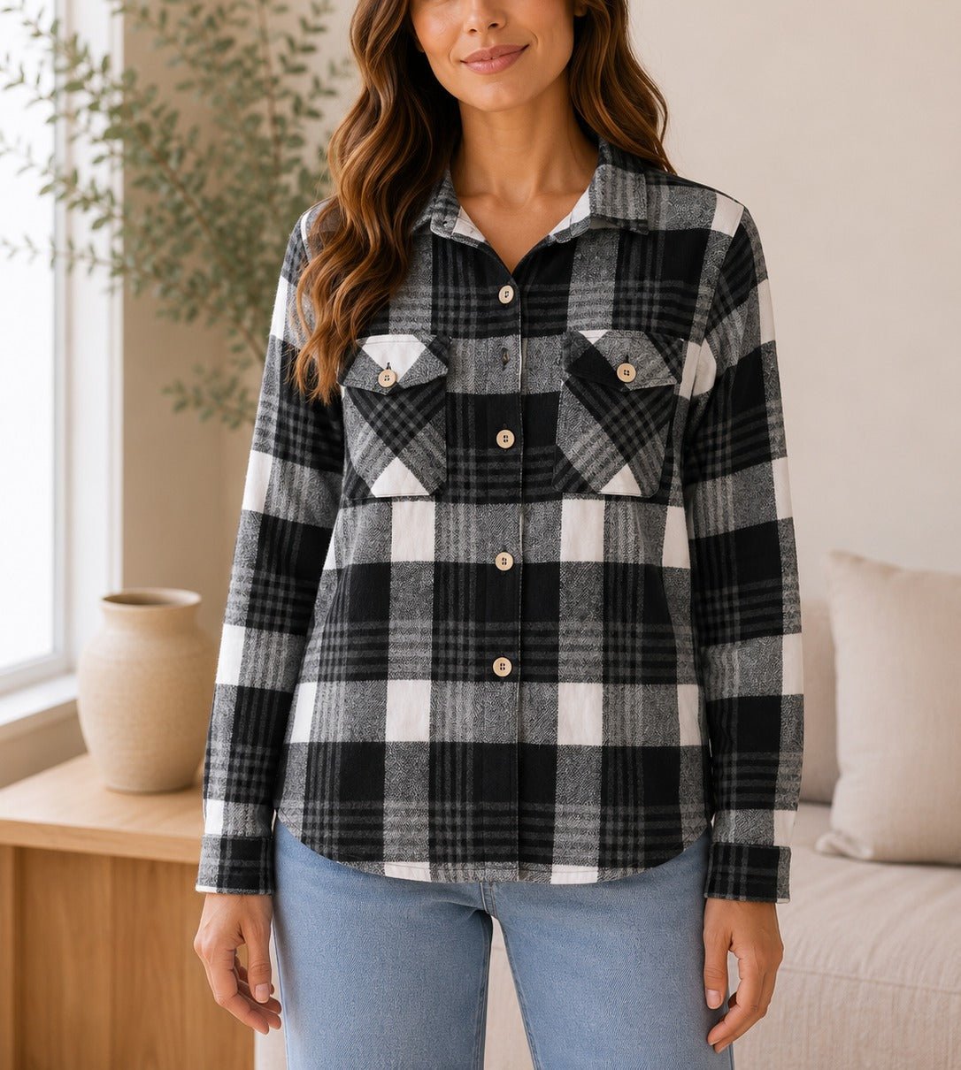 Ladies Black White Buffalo Check Flannel Shirt - StylePhase SA