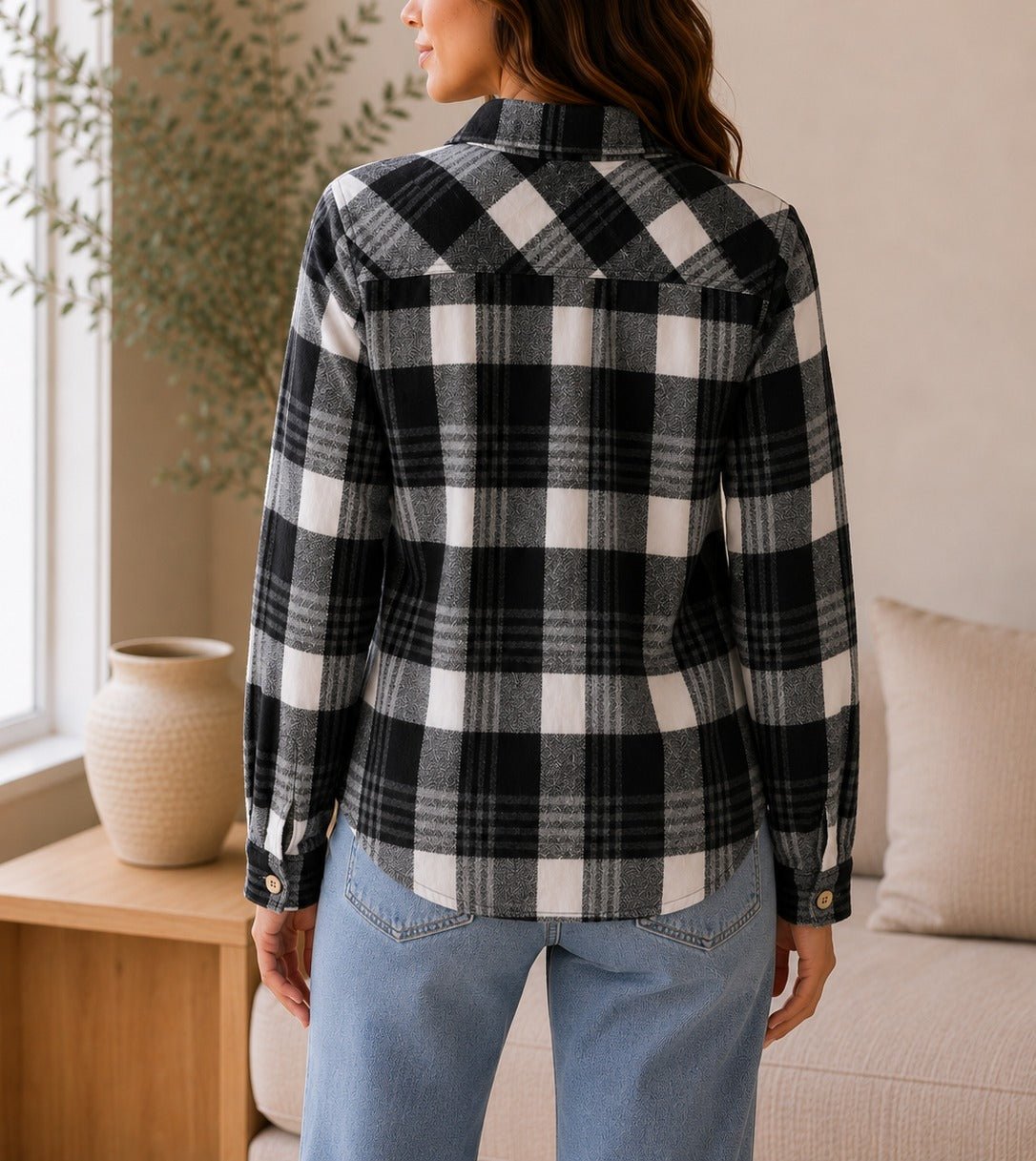 Ladies Black White Buffalo Check Flannel Shirt - StylePhase SA