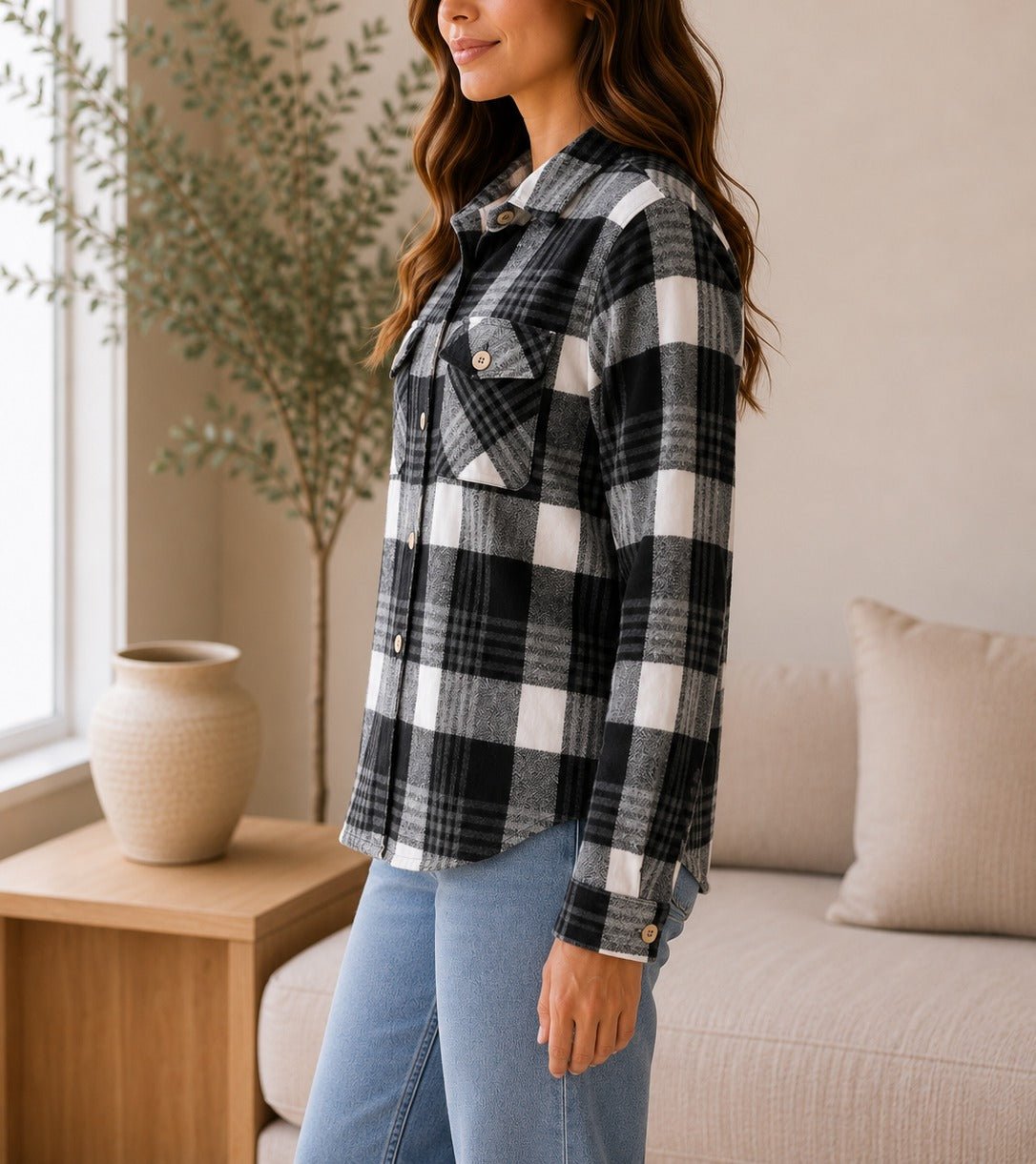 Ladies Black White Buffalo Check Flannel Shirt - StylePhase SA