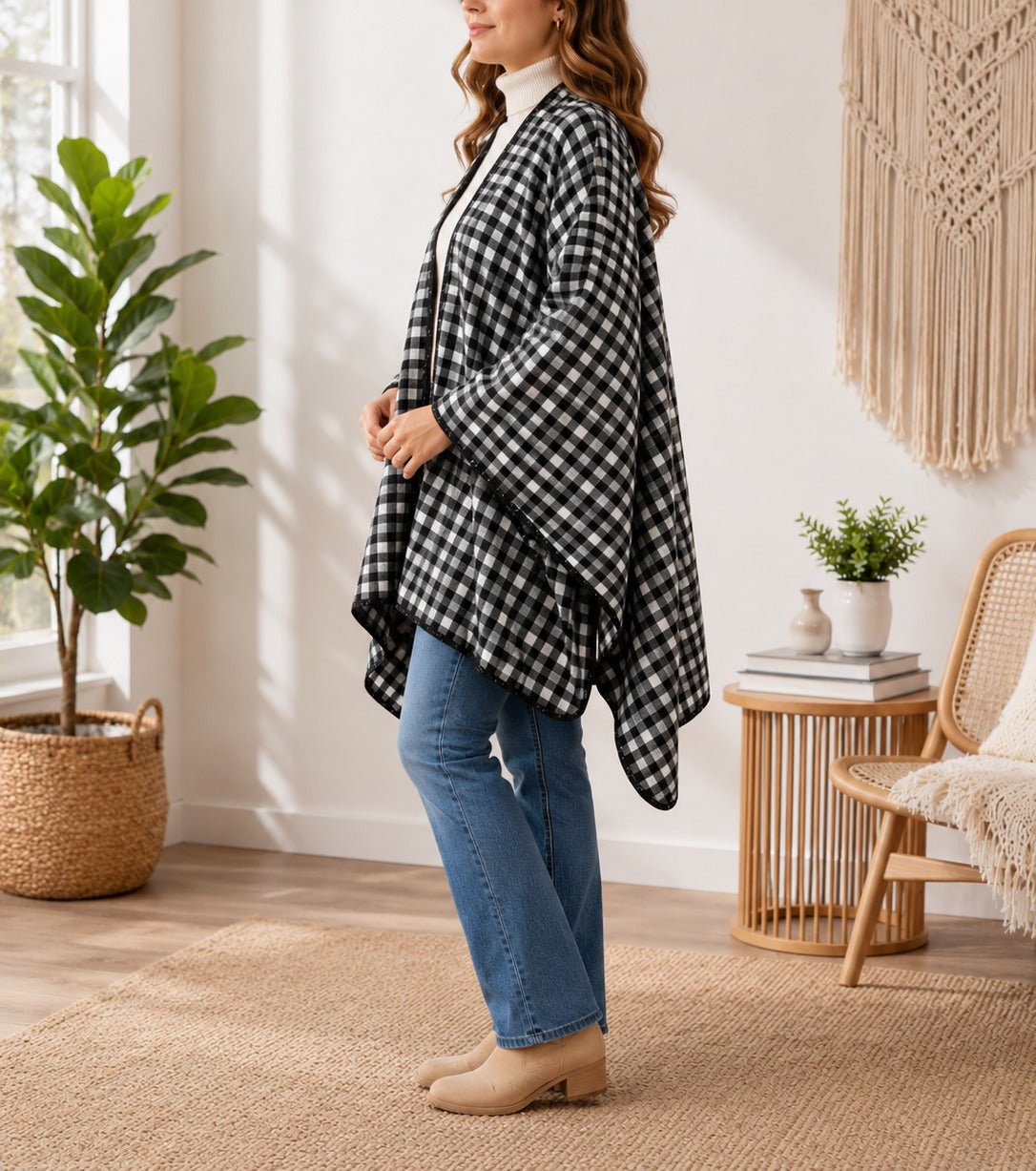Ladies Black & White Open Front Shawl - StylePhase SA