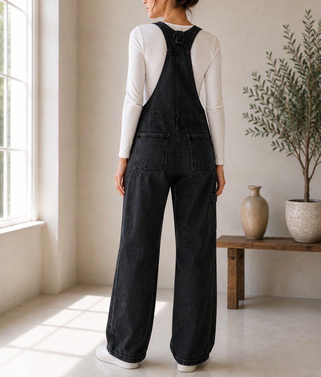 Ladies Black Wide Leg Denim Jumpsuit - StylePhase SA