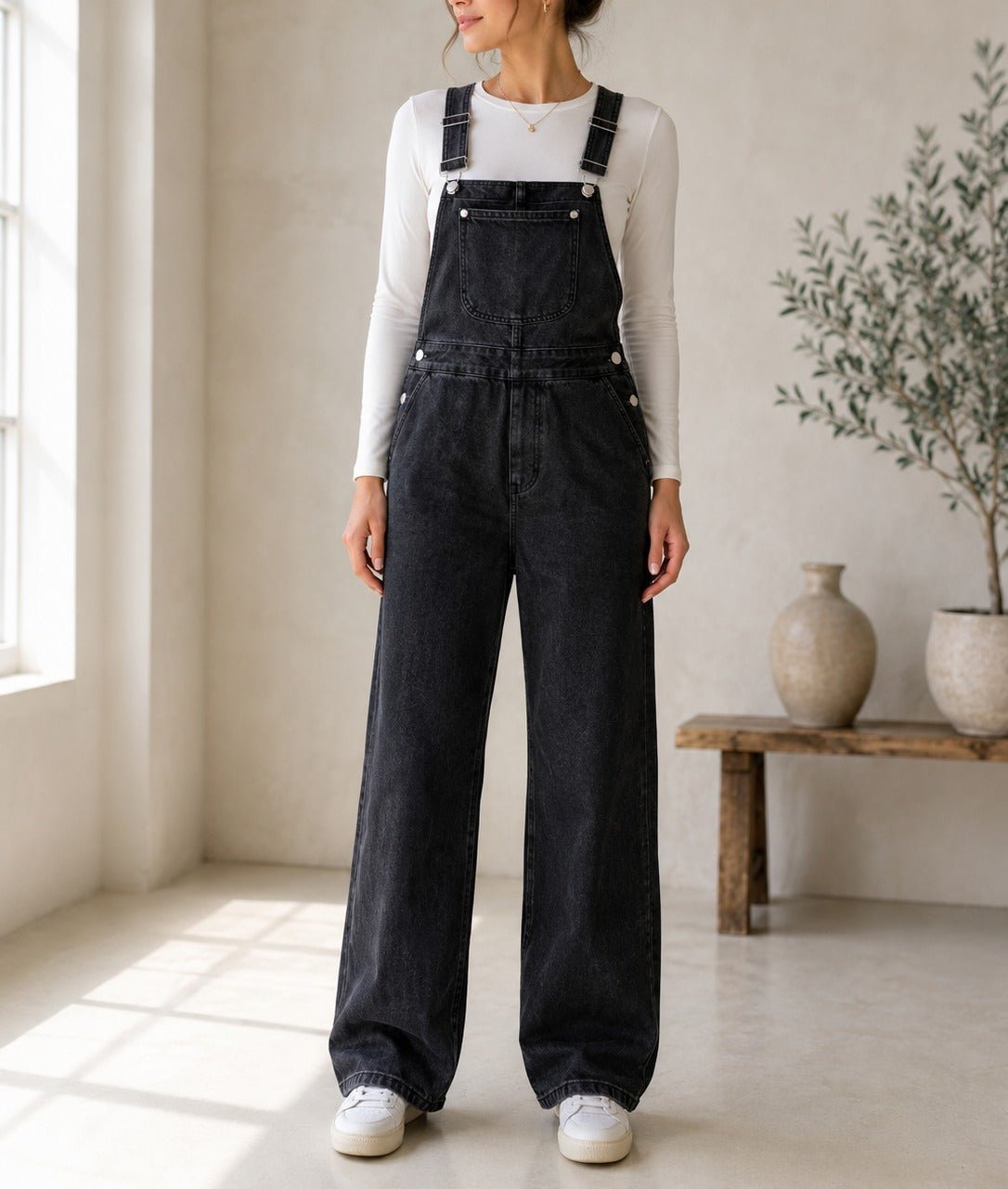 Ladies Black Wide Leg Denim Jumpsuit - StylePhase SA