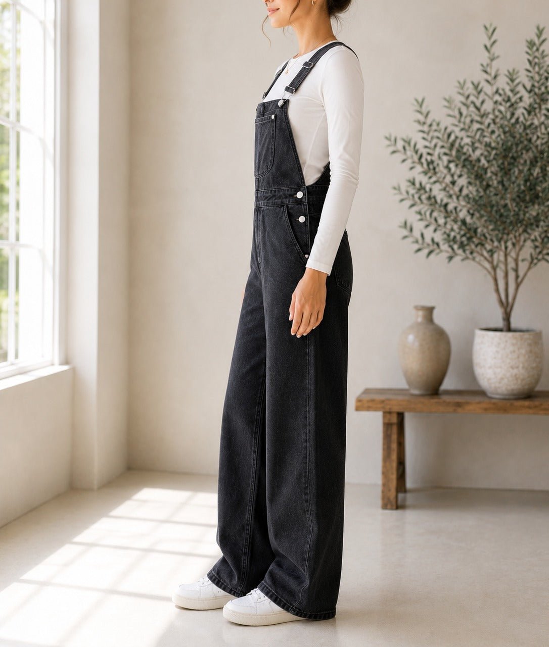 Ladies Black Wide Leg Denim Jumpsuit - StylePhase SA