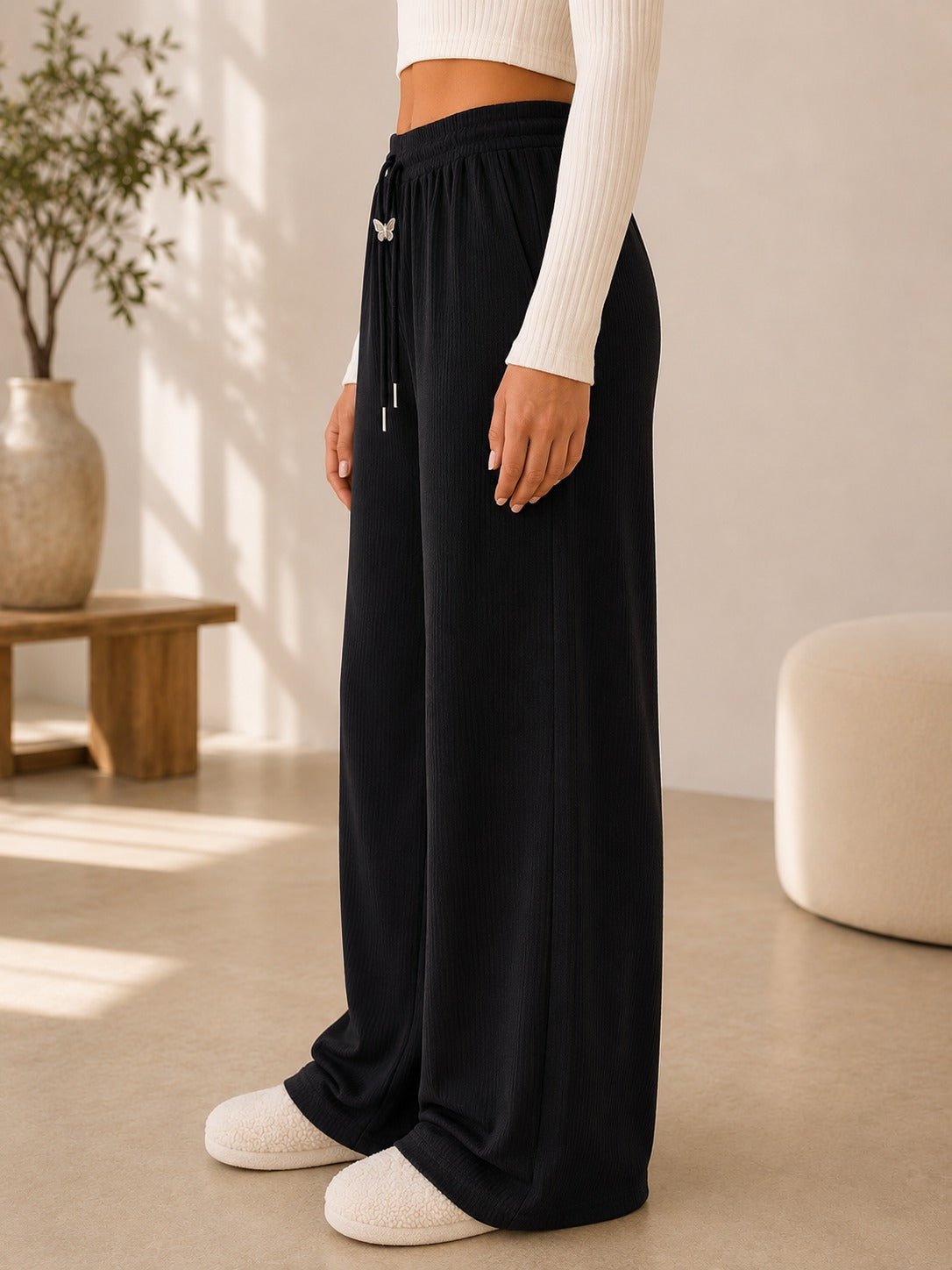 Ladies Black Wide Leg Drawstring Knit Pants - StylePhase SA