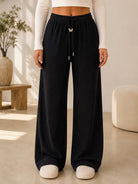 Ladies Black Wide Leg Drawstring Knit Pants - StylePhase SA