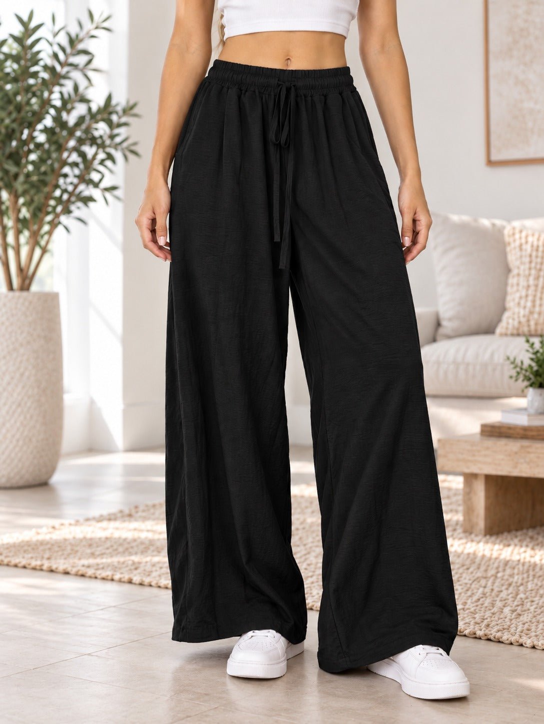 Ladies Black Wide Leg Drawstring Pocket Pants - StylePhase SA
