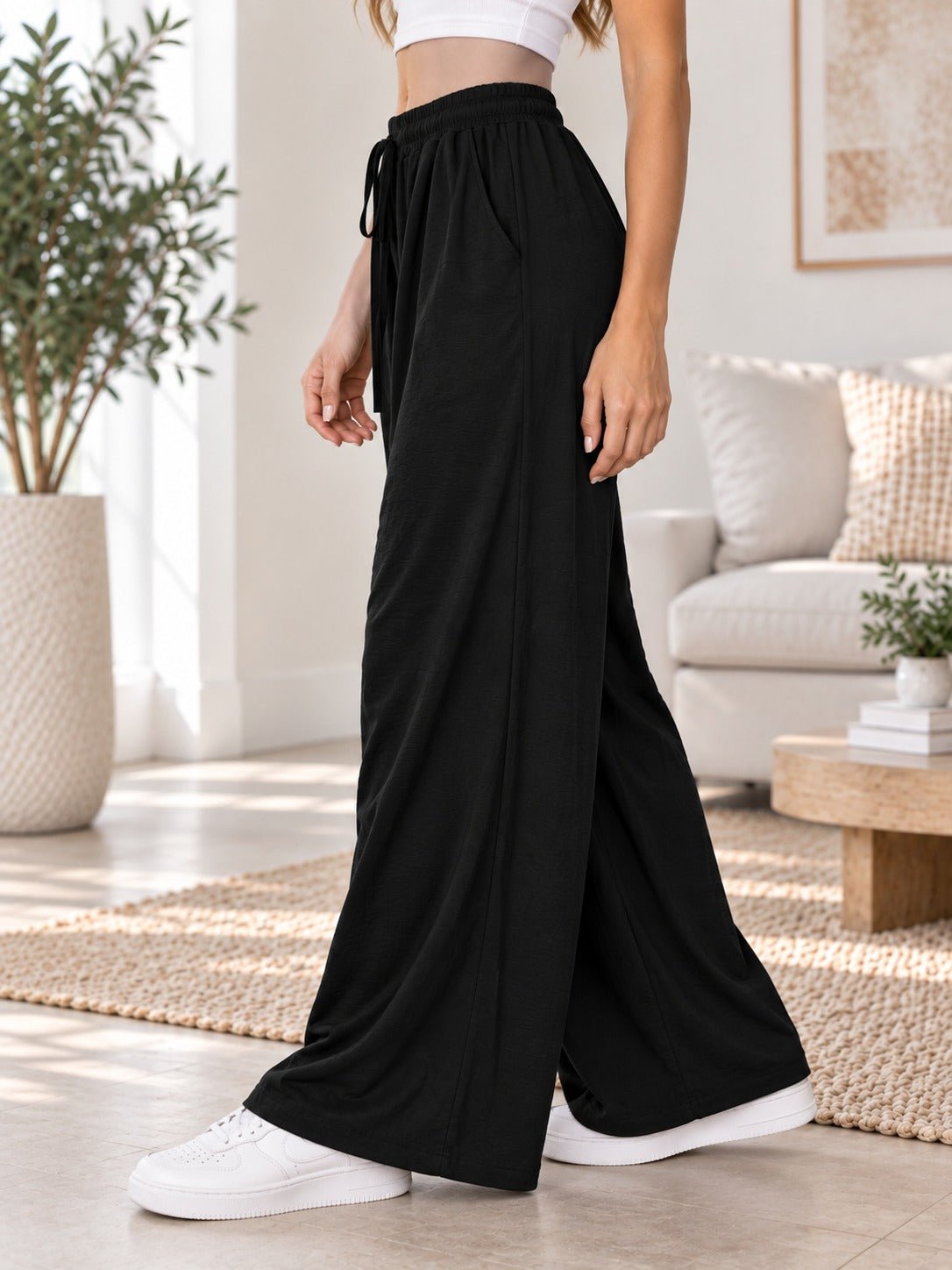 Ladies Black Wide Leg Drawstring Pocket Pants - StylePhase SA