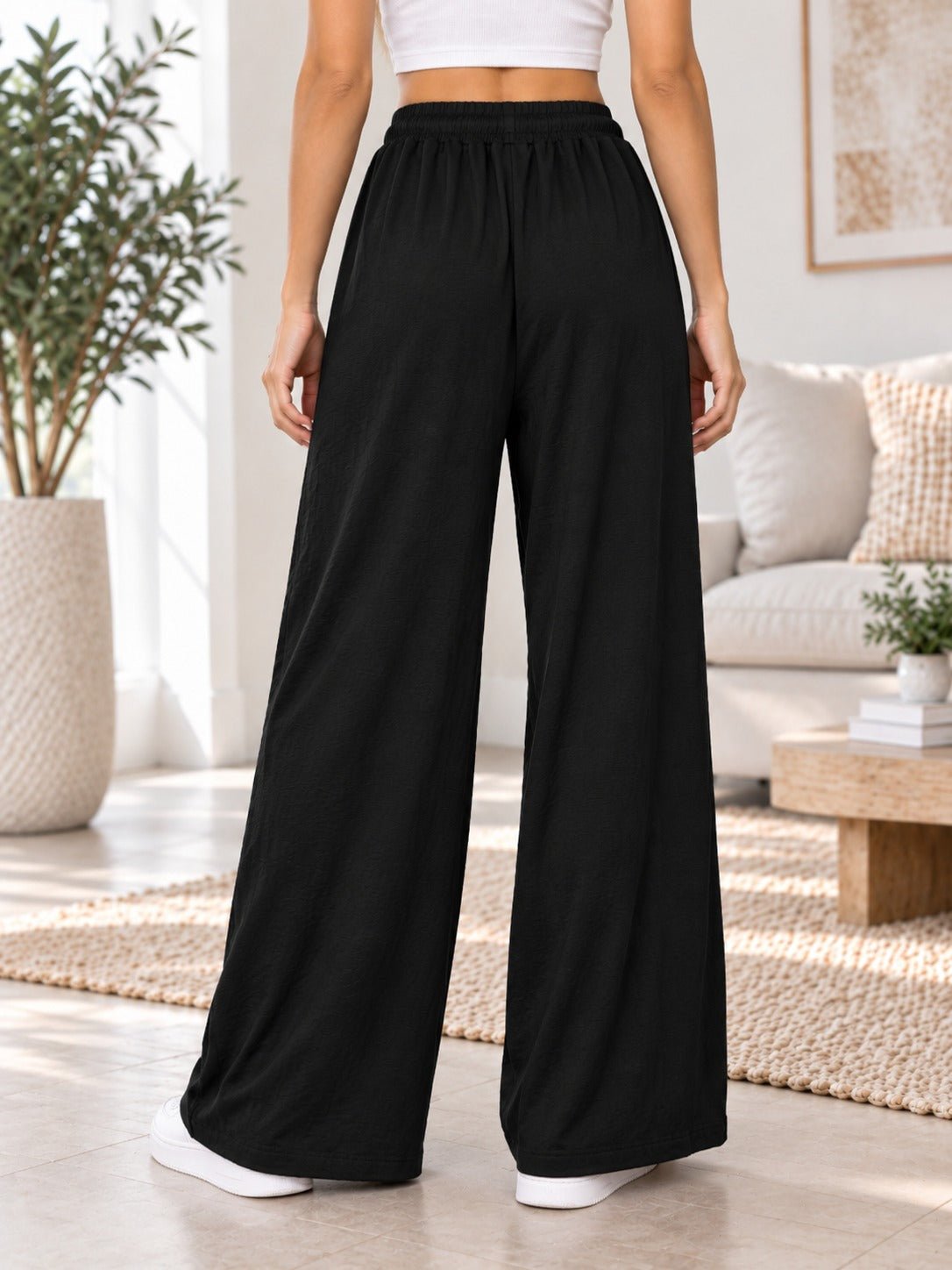 Ladies Black Wide Leg Drawstring Pocket Pants - StylePhase SA
