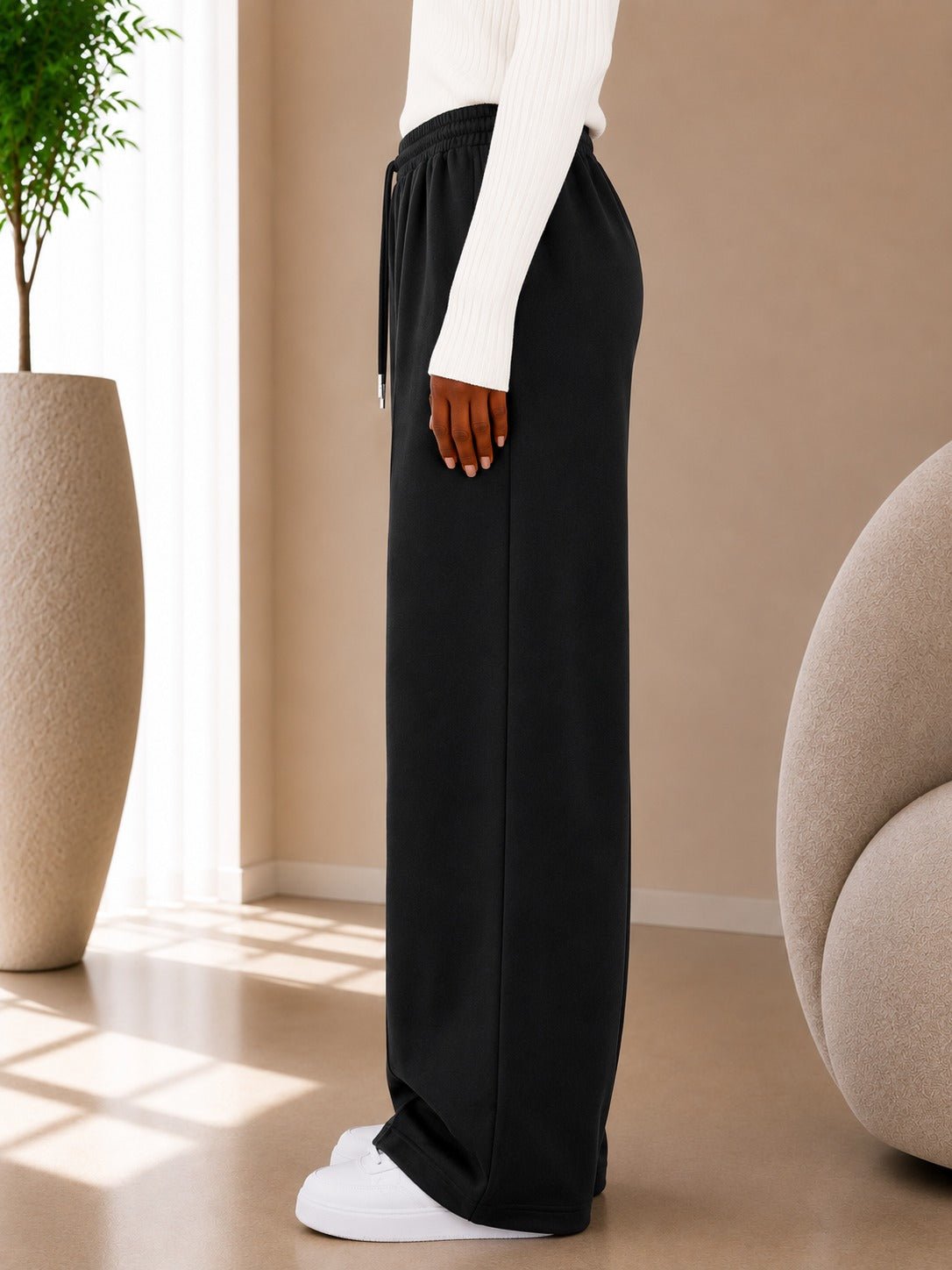Ladies Black Wide Leg Drawstring Sweatpants - StylePhase SA