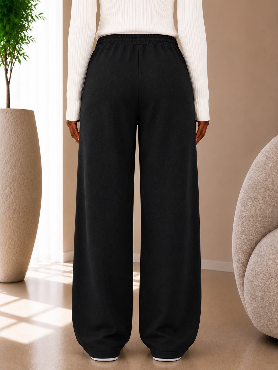 Ladies Black Wide Leg Drawstring Sweatpants - StylePhase SA