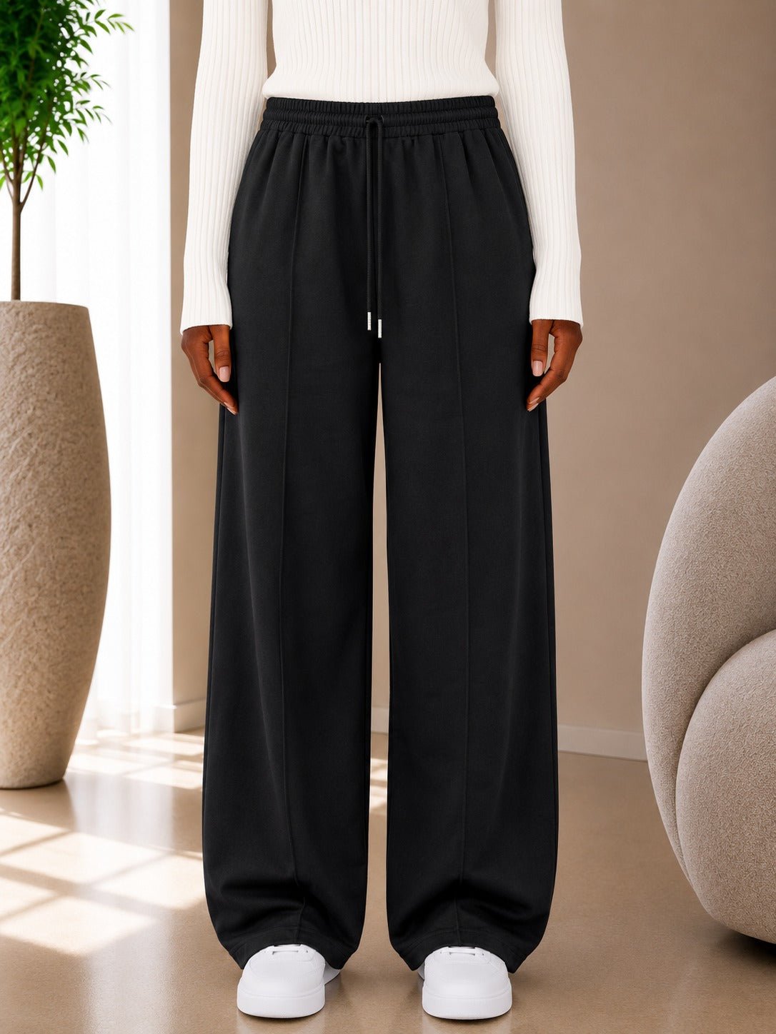 Ladies Black Wide Leg Drawstring Sweatpants - StylePhase SA