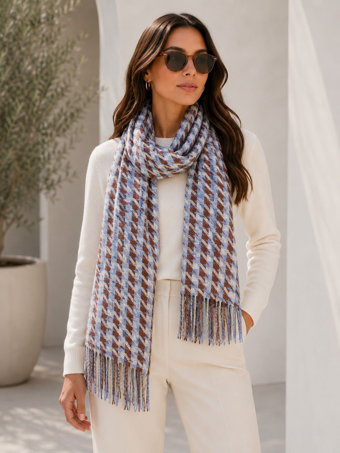 Ladies Blue And Brown Houndstooth Scarf - StylePhase SA
