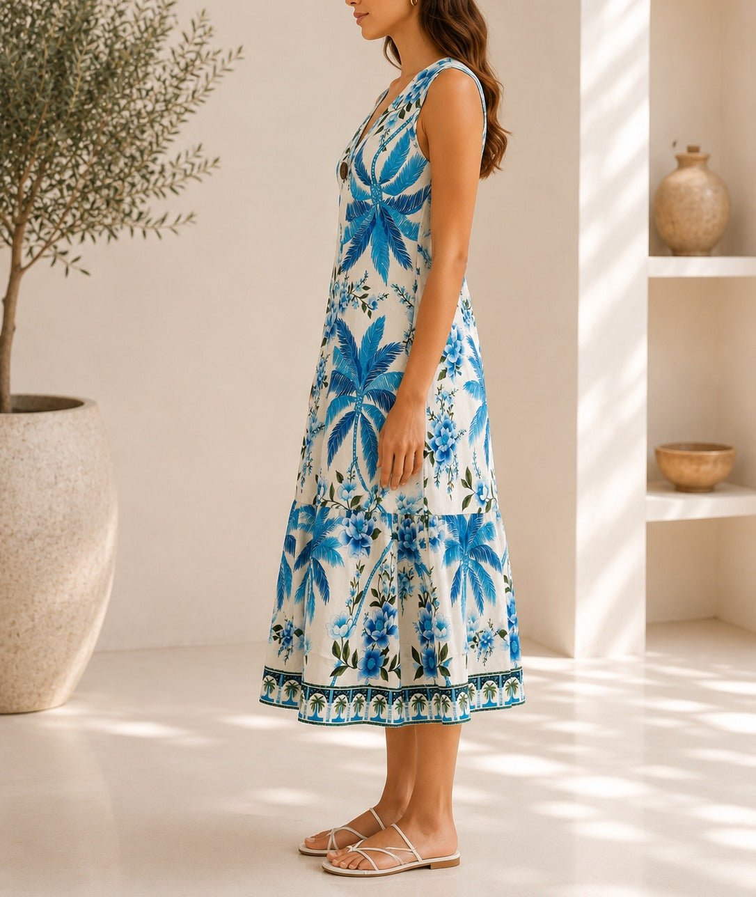 Ladies Blue And Cream Botanical Print Midi V-Neck Dress - StylePhase SA