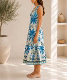 Ladies Blue And Cream Botanical Print Midi V-Neck Dress - StylePhase SA