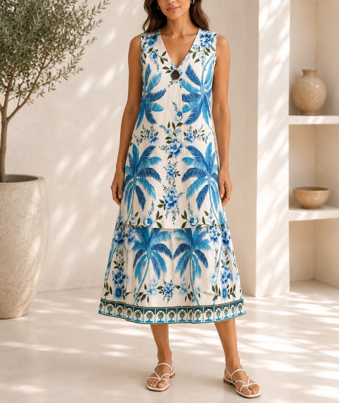 Ladies Blue And Cream Botanical Print Midi V-Neck Dress - StylePhase SA