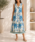 Ladies Blue And Cream Botanical Print Midi V-Neck Dress - StylePhase SA