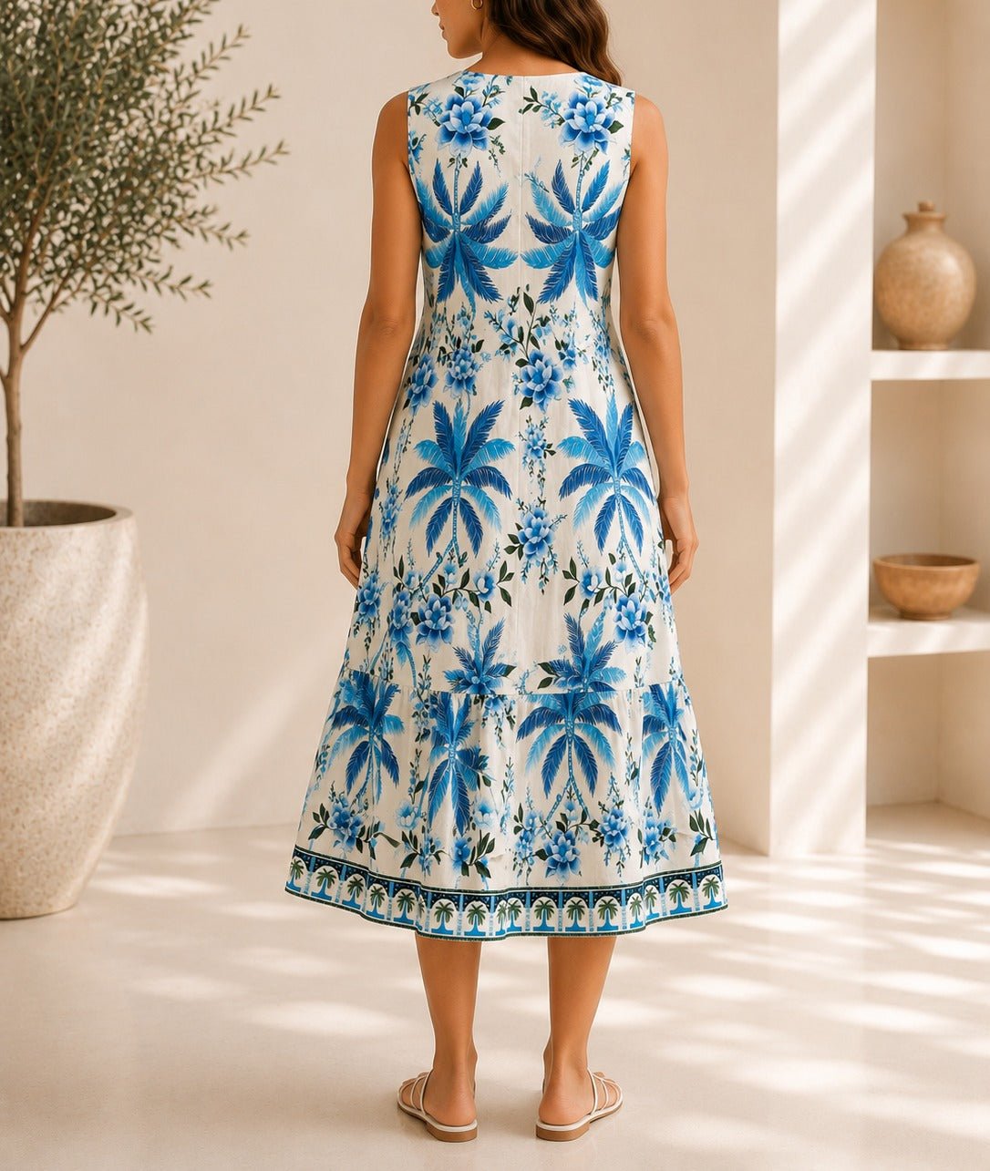 Ladies Blue And Cream Botanical Print Midi V-Neck Dress - StylePhase SA
