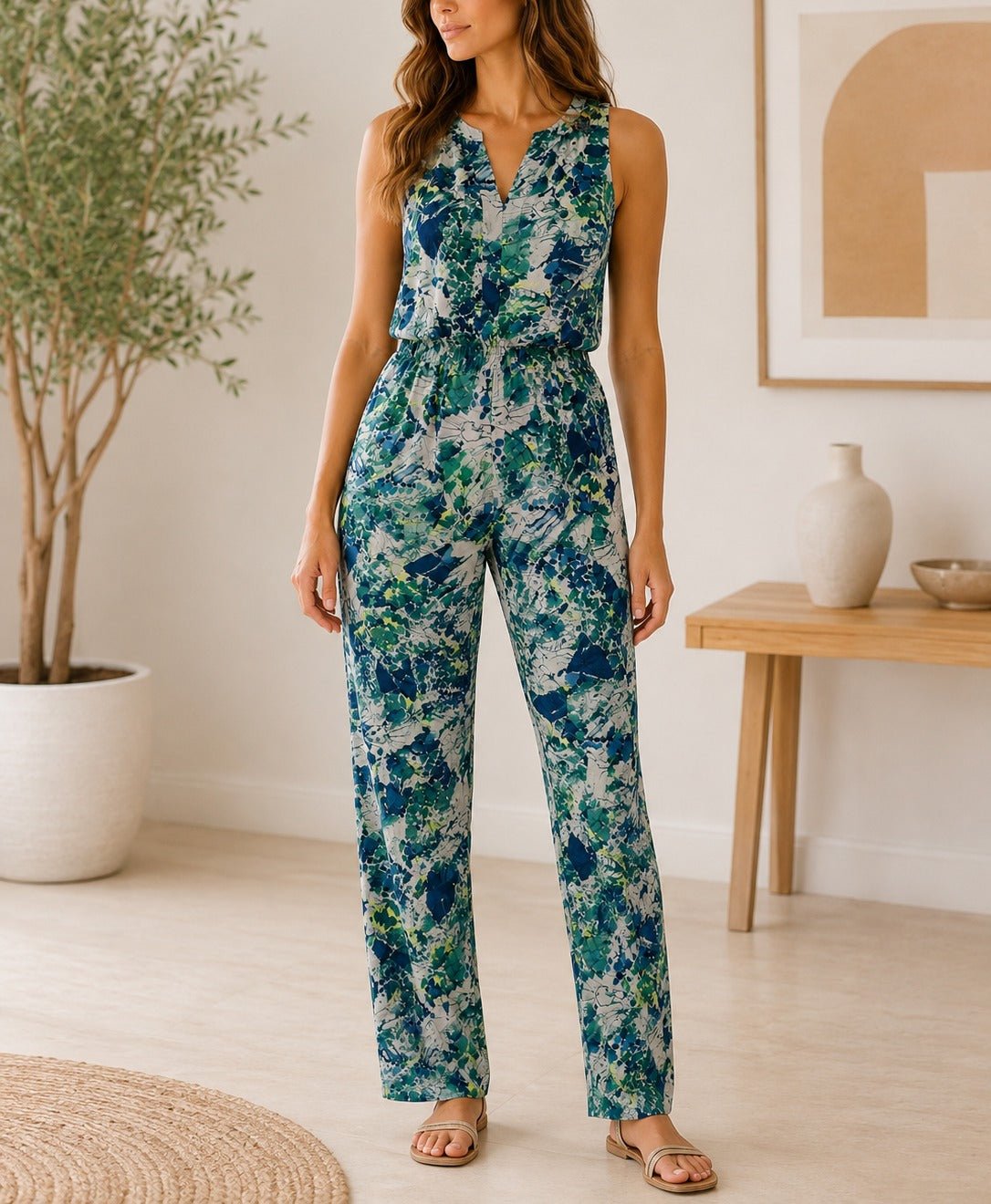Ladies Blue And Green Abstract Floral Jumpsuit - StylePhase SA