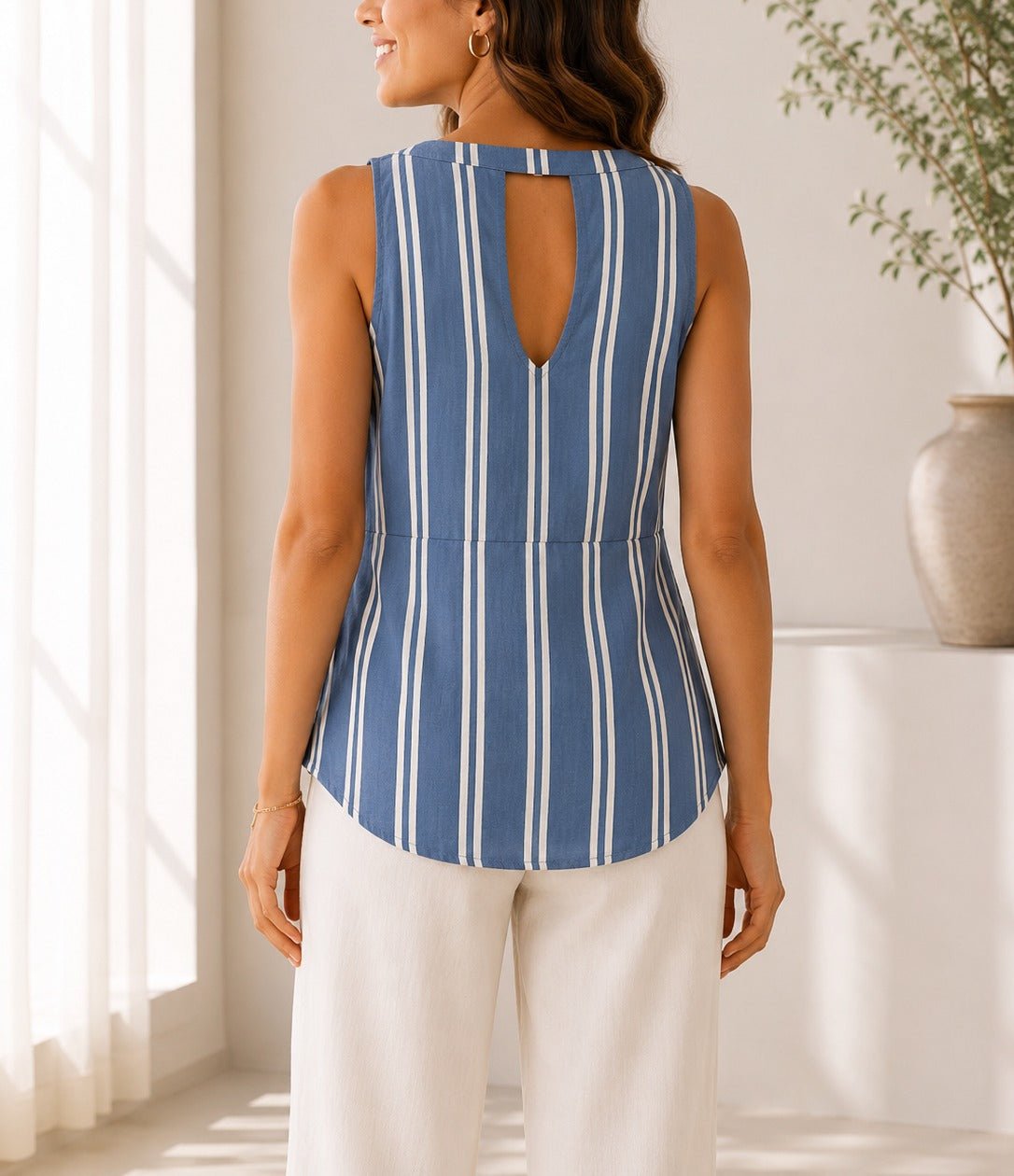 Ladies Blue And White Striped V-neck Top - StylePhase SA
