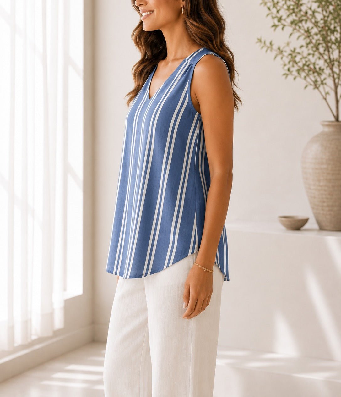 Ladies Blue And White Striped V-neck Top - StylePhase SA