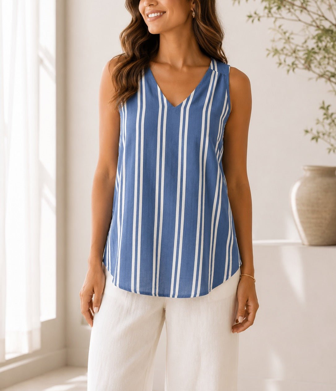 Ladies Blue And White Striped V-neck Top - StylePhase SA
