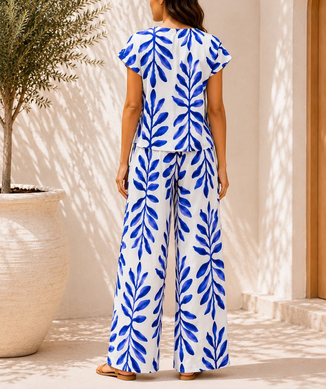 Ladies Blue Botanical Print Two Piece Set - StylePhase SA