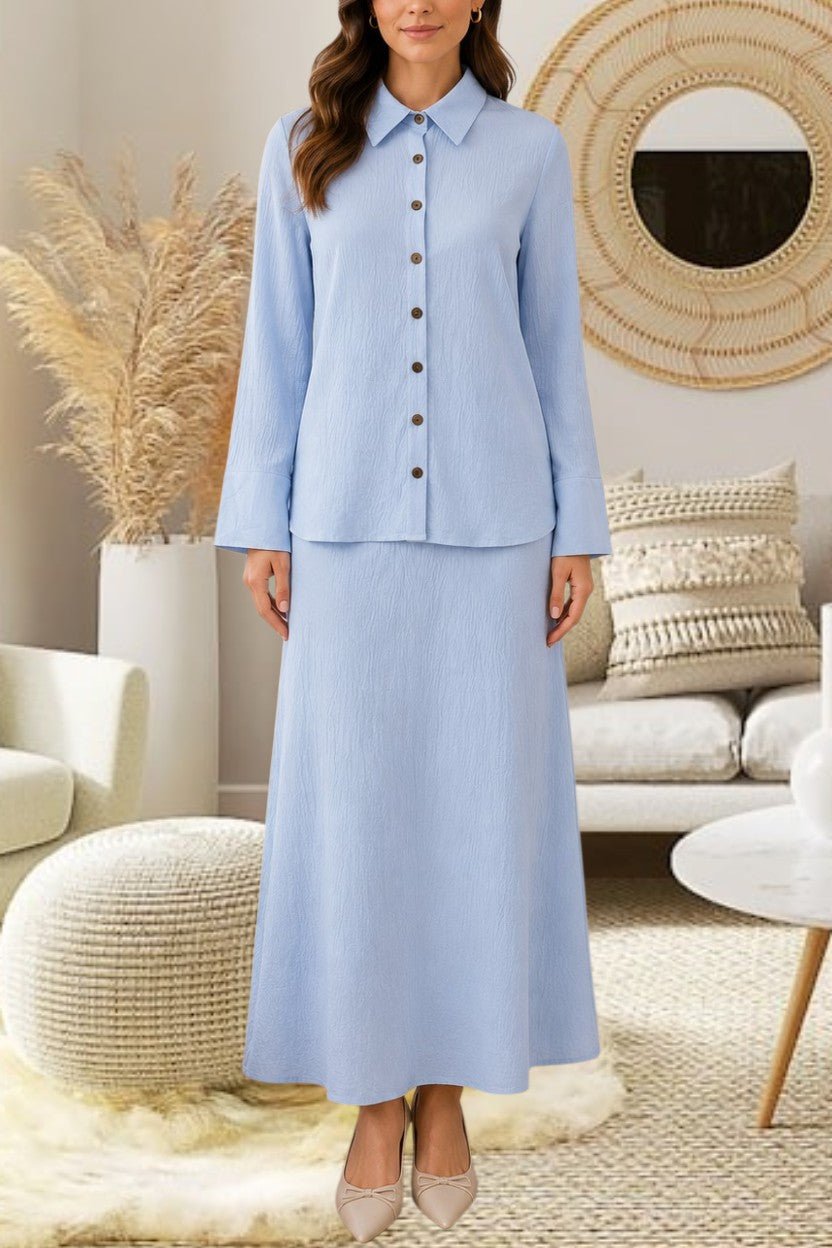Ladies Blue Button Front Two Piece Set - StylePhase SA