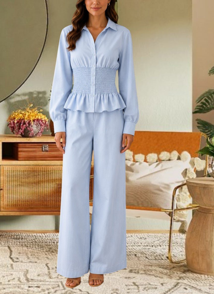Ladies Blue Button Ruffel Two Piece Set - StylePhase SA