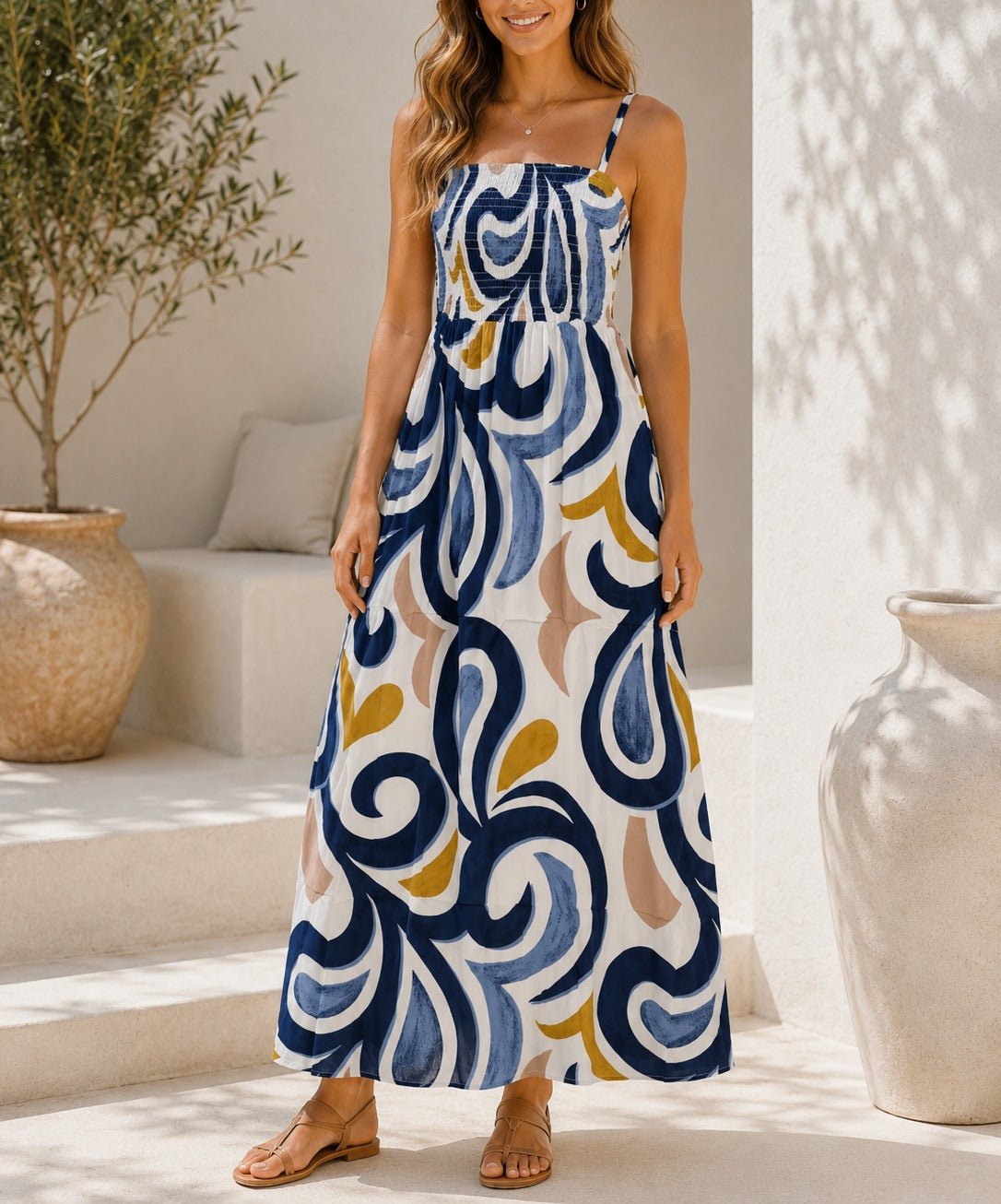Ladies Blue Cami Swirl Pattern Maxi Dress - StylePhase SA