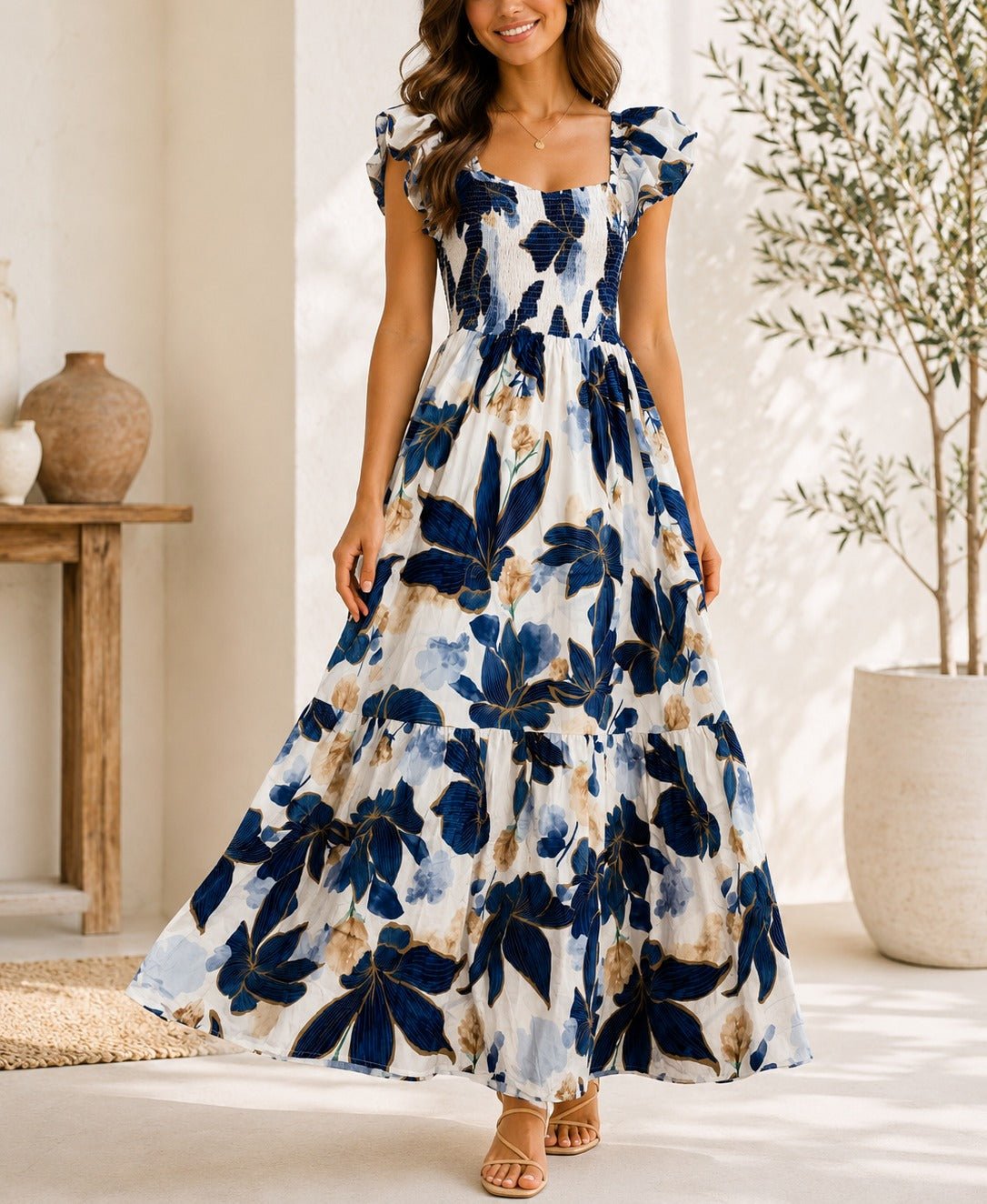 Ladies Blue Cap Sleeve Floral Dress - StylePhase SA
