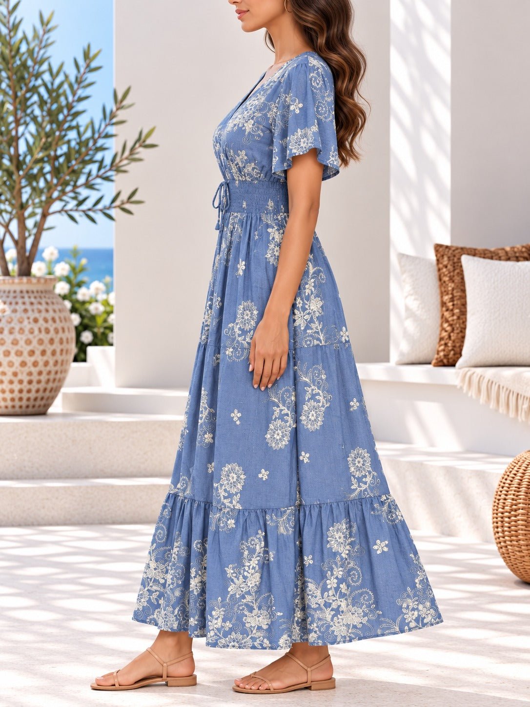 Ladies Blue Cinched Waist Tier Dress - StylePhase SA