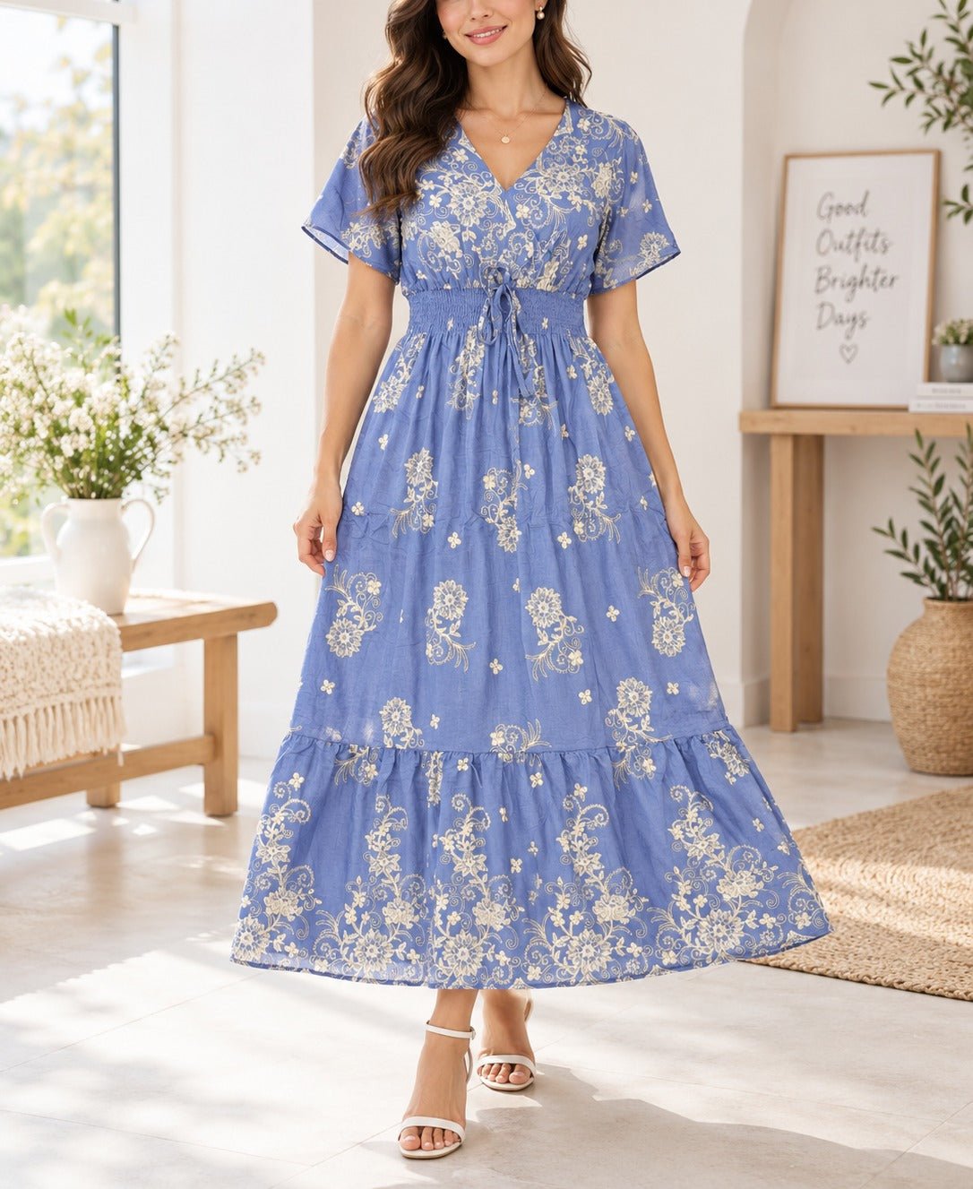 Ladies Blue Cinched Waist Tier Dress - StylePhase SA
