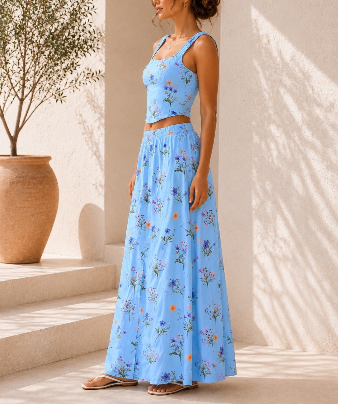 Ladies Blue Crop Top Floral Two-Piece Set - StylePhase SA
